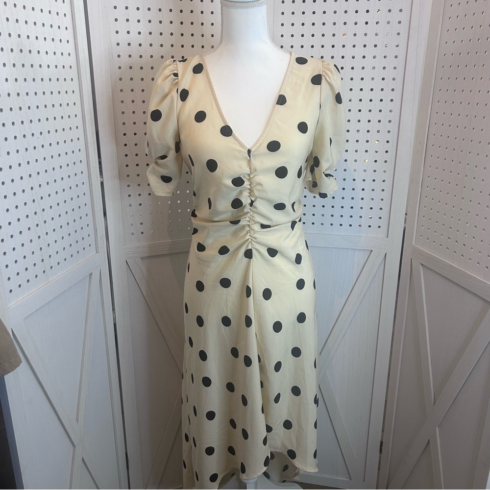 A New Day MIDI Dress Cream Black Polka Dots Touched V Neck Size Small